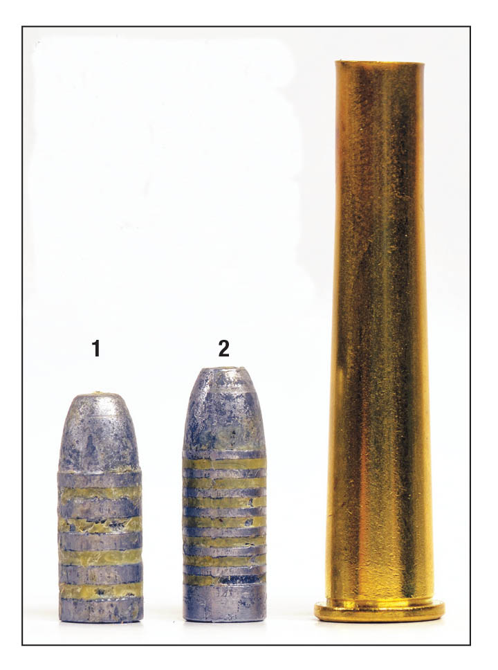The .32-40 was originally loaded with 165-grain cast bullets, but later shooters favored heavier bullets: (1) Ideal 319247, 165 grains and (2) Ideal 319201, 186 grains, designed by Guy Loverin. The latter is one of the finest match bullets ever designed for the .32-40.